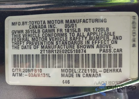 2002 Toyota Corolla Ce из США, поврежденный, VIN 2T1BR12E02C518874